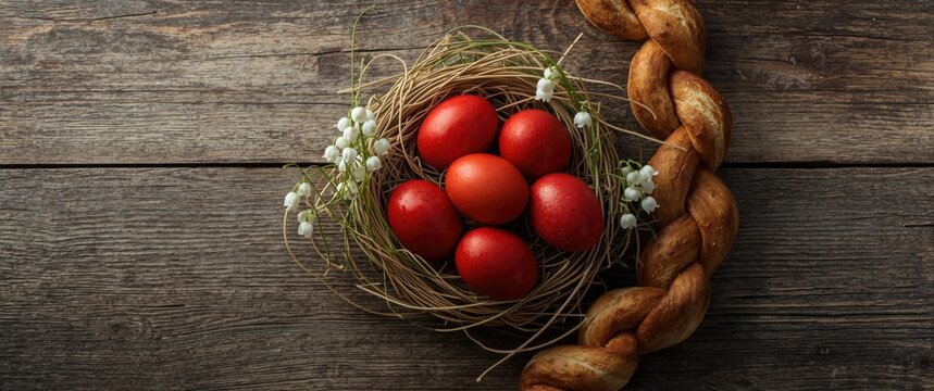Kozunak rustic wood backdrop featuring red Easter eggs, lily of the valley, and dyed eggs