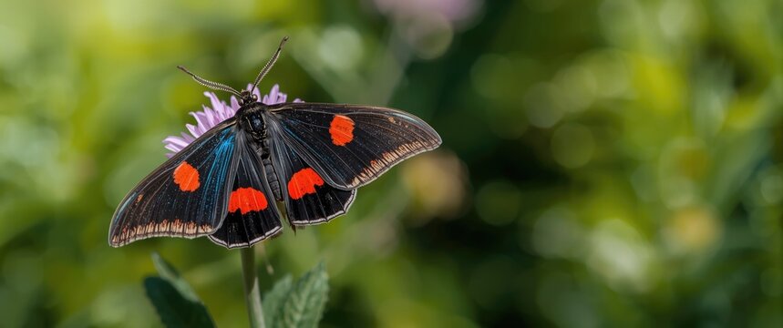Summer photograph of a narrow bordered five spot burnet with crimson spots and bluish reflection on a flower
