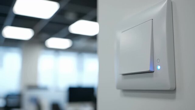 Smart Light Switch in Modern Office - A close-up shot of a sleek, white smart light switch installed on a white wall.