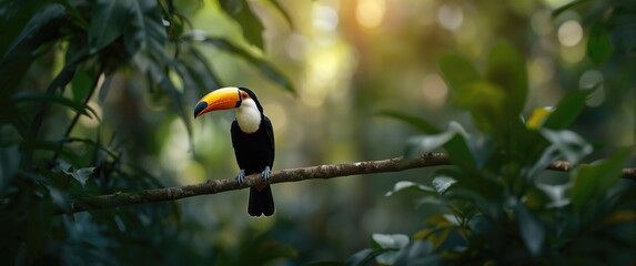 Obraz premium Toucan resting on a branch in Central America's lush forest landscape. Keel-billed Toucan, Ramphastos