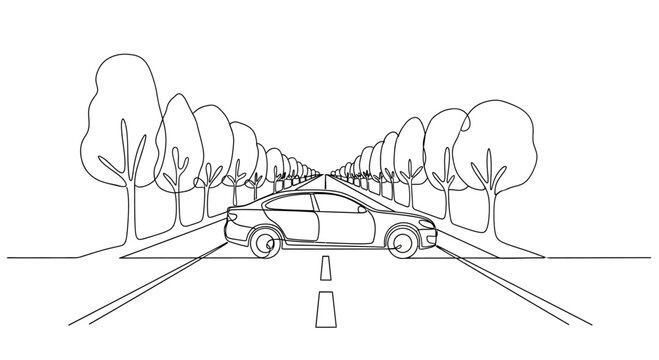 Simple Line Drawing of Car on Road.