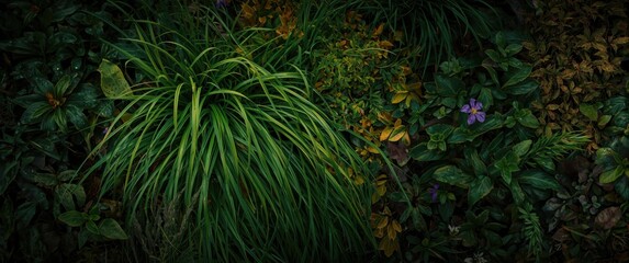 Fototapeta premium View from above of flourishing plants behind structures, featuring diverse foliage and vibrant greenery, emphasizing natural elements