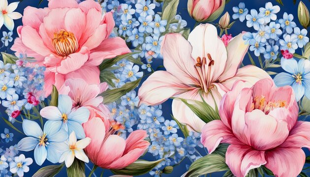 watercolor floral pattern with peonies lilies and forget me nots design
