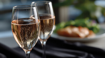 Obraz premium Two beautifully crafted champagne glasses filled with sparkling drink and a blurred gourmet meal in the background create an elegant touch to any dining experience.