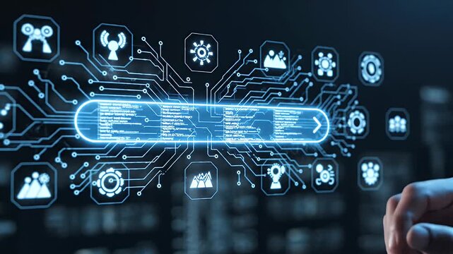 AI Interface Interaction - A hand interacts with a glowing digital bar and circuit patterns on a futuristic AI search interface.