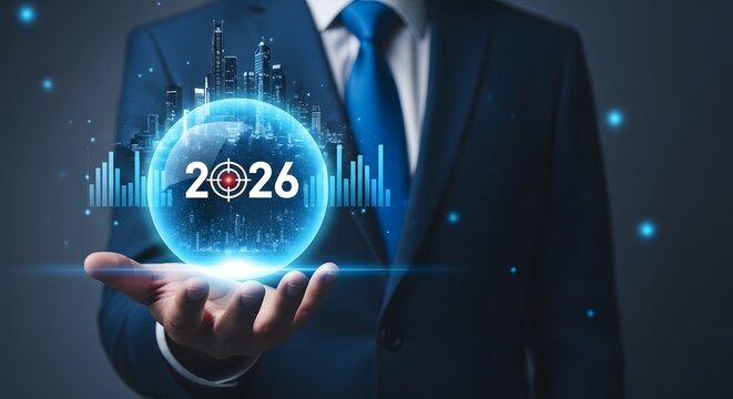 Businessman holding a glowing blue orb with the year 2026