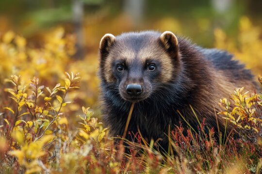 Wolverine in the wild at autumn.