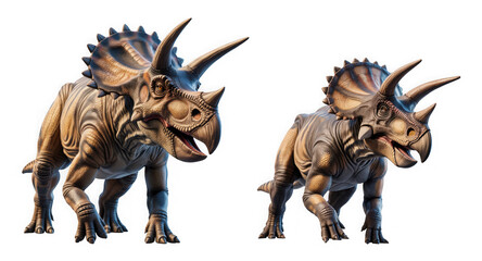 Fototapeta premium Two realistic triceratops dinosaurs standing side by side on white background 3d rendering detailed texture and spikes