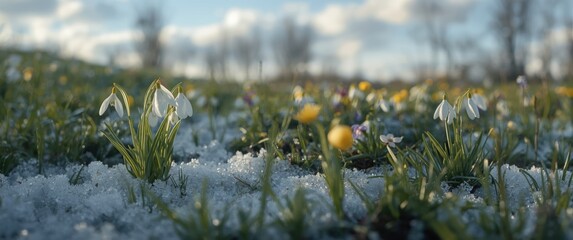 Naklejka premium Galanthus nivalis, the earliest blooms of spring flowers in snowy woodland