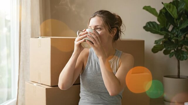 a young woman relax with a cup of coffee in her new home surrounded by boxes. She smiles, enjoy the moment, and settle into her new space. This clip can be used for real estate, movin