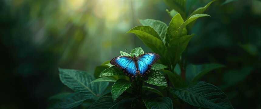 Morpho peleides, Blue Morpho butterfly perched on green foliage, beautiful insect in Amazon rainforest, South American wildlife