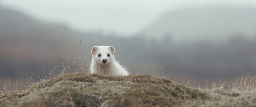 White winter-coated stoat peering over hill crest