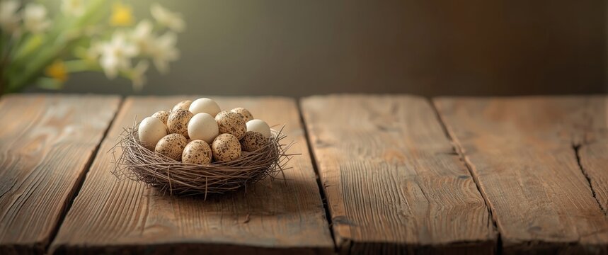 Qail eggs arranged in a nest for breakfast prep. Copy space available. Farm-style photography.