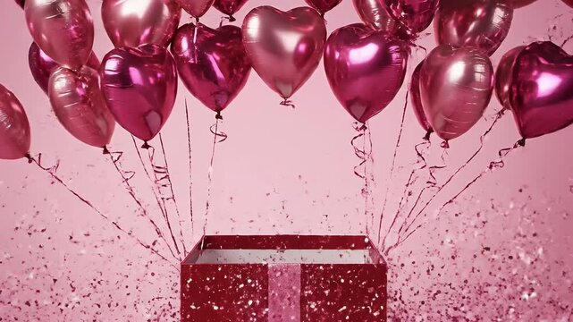 Exploding Gift Box with Heart Balloons - A pink gift box bursts open, releasing a shower of glitter and heart-shaped pink balloons.