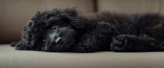 Adorable black puppy with fluffy coat resting peacefully on a couch, looking up with big, expressive eyes, conveying coziness and calmness