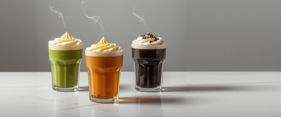 Green tea and black tea cheese drinks featuring whipped cream cheese foam layer, close-up, Asian trendy beverage