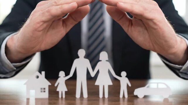 This stock video shows hands creating a roof over a family, house, and car cutout. Perfect for illustrating protection, safety, family values, and insurance concepts. Use this in your projects about f