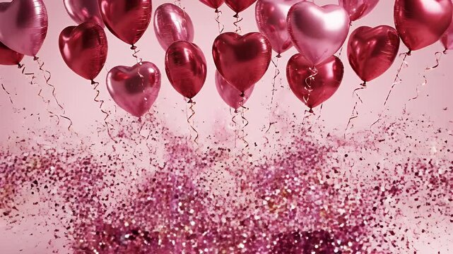 Valentine Heart Balloons and Glitter Explosion - A stunning visual of red and pink heart-shaped balloons hovering against a soft pink background, with a burst of sparkling pink glitter filling the