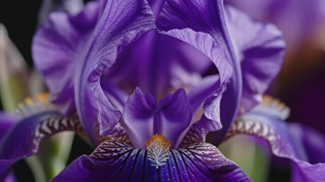 Vibrant purple iris flower close up with intricate delicate petals and soft lighting