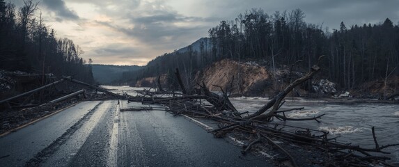 Fototapeta na wymiar Road remnants post natural disaster due to river flooding
