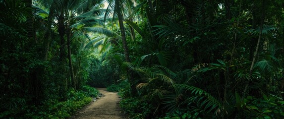 Obraz premium Tropical rainforest footpath in The Vallee De Mai palm forest on Praslin Island, Seychelles