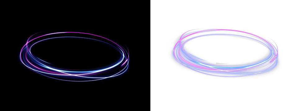 Abstract purple swirl effect spins in circular motion on transparent background. Bright neon lines emit smooth glowing trails for dynamic energy visuals. Perfect for futuristic interfaces and sci-fi c