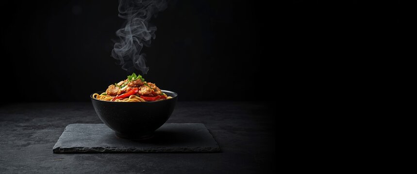 Dark background featuring Chicken Schezwan Noodles, Hakka, or Chow Mein in a black bowl