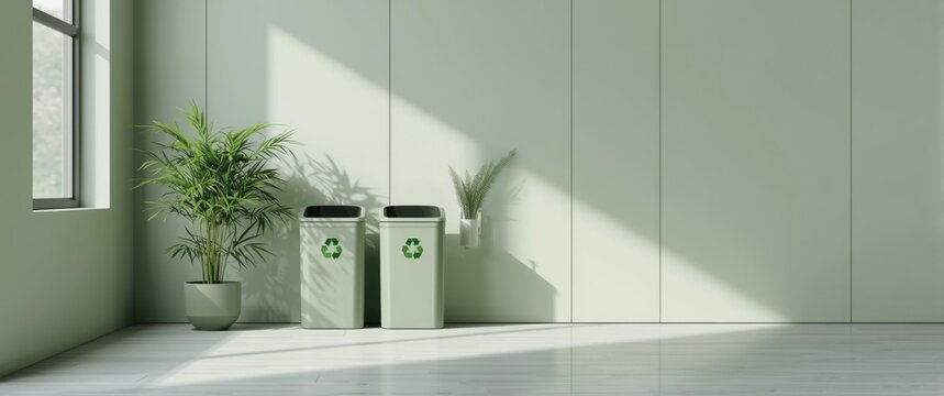 Cian toned photograph of vibrant bamboo plants decorating a room, featuring recycling bins in the background, ecology theme, with copy space