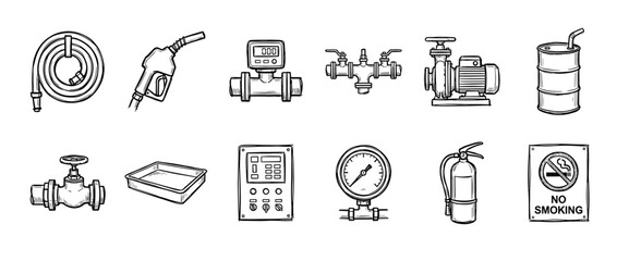 Collection of hand drawn industrial icons showing fuel station equipment like a pump nozzle, hose, barrel, pressure gauge, and fire safety signs in a black and white sketch style © Liliia