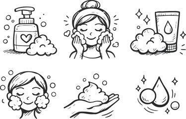 Facial Skincare Routine Line Icon Set