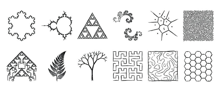 Hand-drawn collection of fractal and mathematical patterns like the Koch snowflake, Sierpinski triangle, and Voronoi diagram, sketched in a simple black and white doodle style