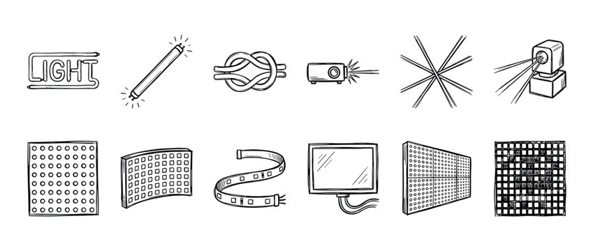 Hand-drawn light and display technology icons set with a neon sign, LED panel, projector, and monitor in a black and white doodle sketch style illustration collection