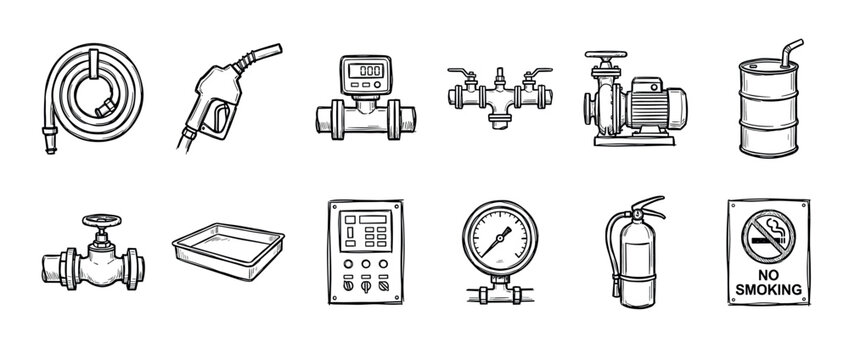Collection of hand drawn industrial icons showing fuel station equipment like a pump nozzle, hose, barrel, pressure gauge, and fire safety signs in a black and white sketch style
