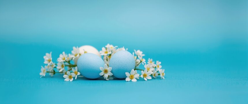Eggs in blue and white with tiny white flowers set against a striking blue and turquoise backdrop, spring theme for Easter cards