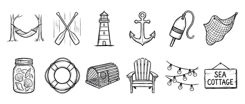 Collection of hand-drawn nautical icons including a lighthouse, anchor, lifebuoy, and seashells, all rendered in a charming black and white sketch style for a seaside cottage theme