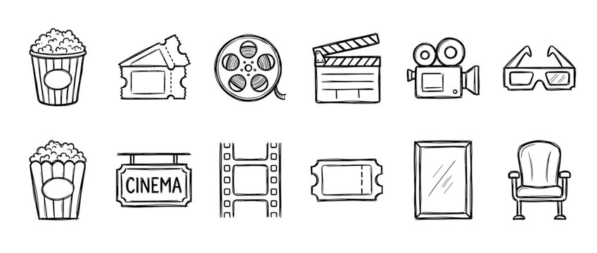 Collection of hand drawn cinema icons in a black and white sketch style featuring a film reel, popcorn, movie ticket, clapperboard, vintage camera, and 3D glasses