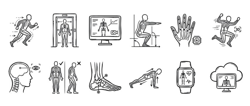 Set of hand-drawn biomechanics icons illustrating human motion capture, skeleton analysis, posture correction, fitness tracking, and health technology in a black and white sketch style
