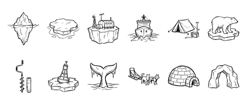 Set of twelve hand-drawn arctic icons featuring an iceberg, polar bear, igloo, icebreaker, whale tail, and sled dogs in a black and white sketch doodle illustration style