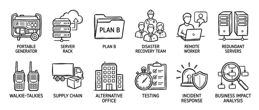 Collection of twelve disaster recovery icons in a hand-drawn sketch style shows key elements of business continuity planning like generators, redundant servers, and supply chain