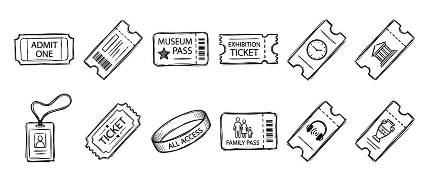 Collection of hand-drawn black tickets and passes for various events like museums and exhibitions, illustrated in a simple doodle sketch style with different icons and barcodes