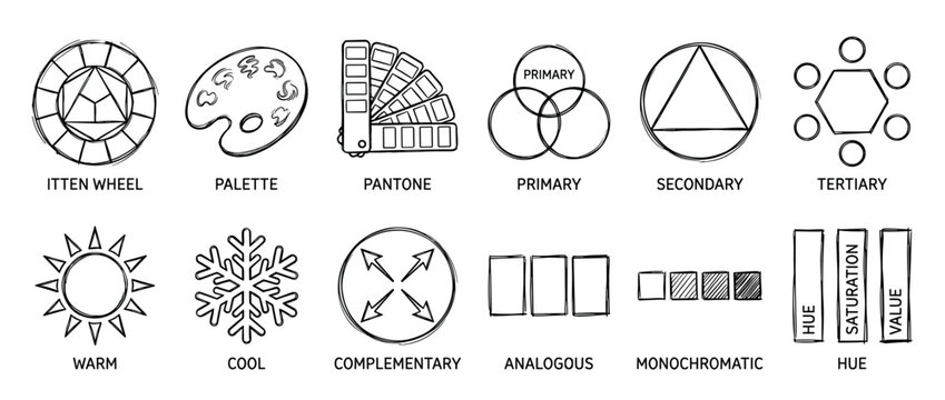 Black and white hand-drawn color theory icon collection illustrating concepts like hue, saturation, value, primary, secondary, and complementary colors in a simple sketch style