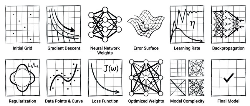 Hand-drawn machine learning concept diagrams illustrate neural network processes like gradient descent, backpropagation, and loss function in a clear, sketched infographic style