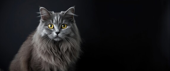 Beautiful gray feline featuring large eyes, photographed in studio on dark background