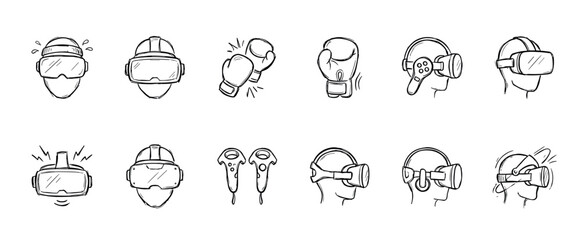 Fototapeta premium Hand-drawn virtual reality equipment icons including headsets, controllers, and boxing gloves in a minimalist black line art sketch style for technology and entertainment themes
