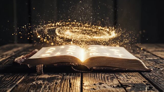 Open Book with Golden Magic Particles - This video shows an old, open book on a rustic wooden surface, with golden, magical particles floating above the pages.
