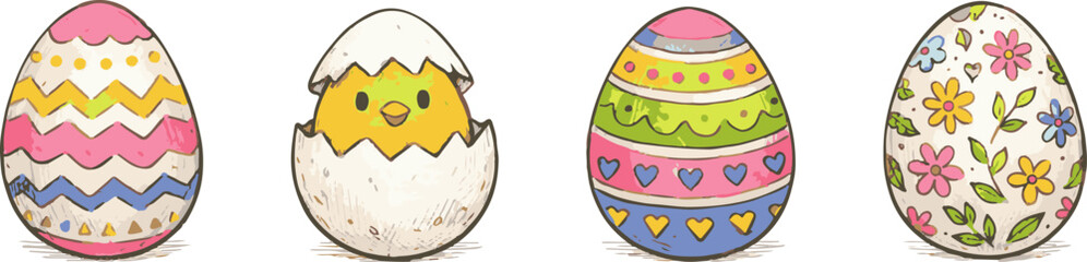Cute Easter Eggs and Chick Illustration
