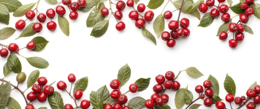 Isolated red berries of cornel or dogwood with leaves from a top perspective against white background