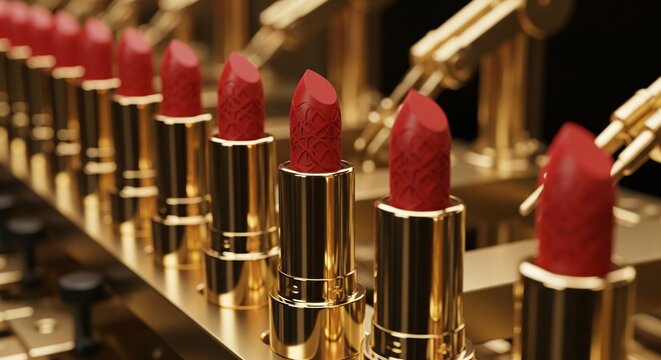 Row of luxury red lipsticks with textured tips in golden cases on an assembly line
