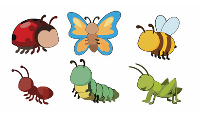 Obraz premium Cute cartoon insect vector set ladybug butterfly bee caterpillar