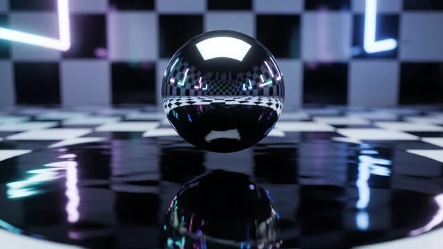 Shiny metallic sphere on a checkered floor with neon lights.